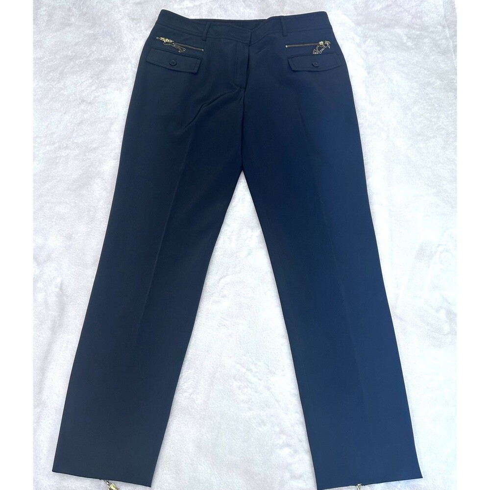 Per Se Women Navy Slim Ankle Pants Gold Chain Zippers Dress Trousers Size 8